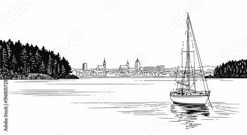 Sailboat on water with forest and city skyline in background