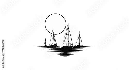 Sailboats on rippling water under a circular moon or sun