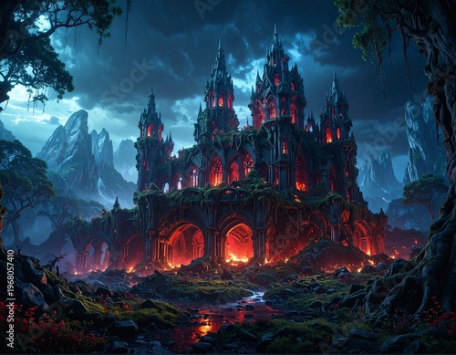 怪しげな森の中の燃える城