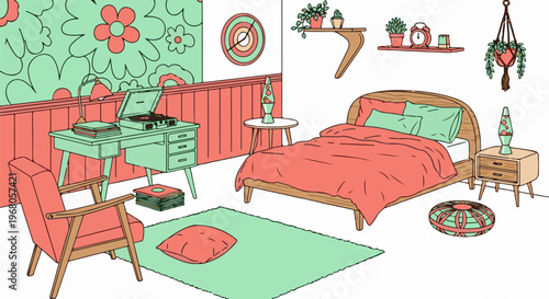 Retro bedroom with lava lamps, record player, and plants