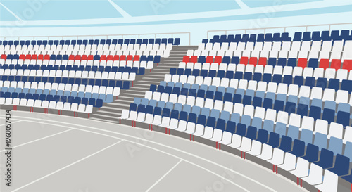 Rows of empty stadium seats in blue, white, and red colors around a court