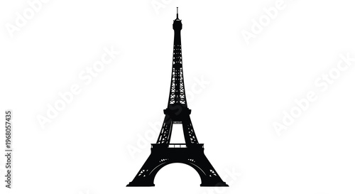 A striking silhouette of the eiffel tower dominates a clean white background showcasing its iconic form