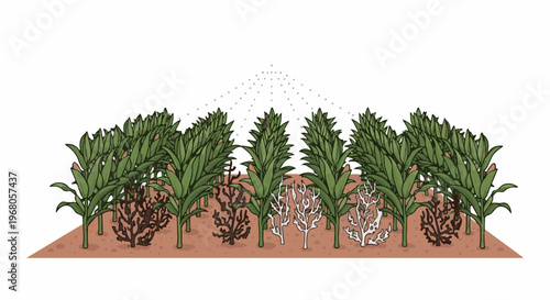 Rows of green leafy plants with brown and white undergrowth, mist above