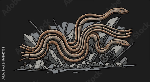 Rusty metallic serpents entwined with rubble and gears