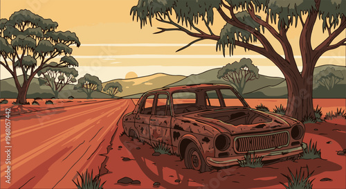 Rusty abandoned car by a dirt road under sparse trees at sunset