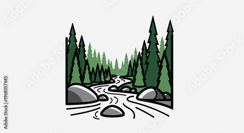 Serene forest scene with a winding river and evergreen trees