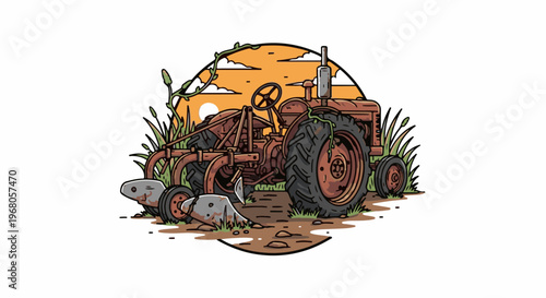 Rusty vintage tractor with plow sits in overgrown grass at sunset