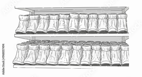 Rows of identical bagged products neatly arranged on store shelves