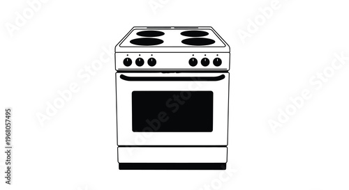 A simple black and white line drawing depicts a modern electric stove with a built in oven