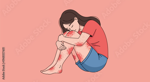 Sad girl with skin rash curled up on coral background