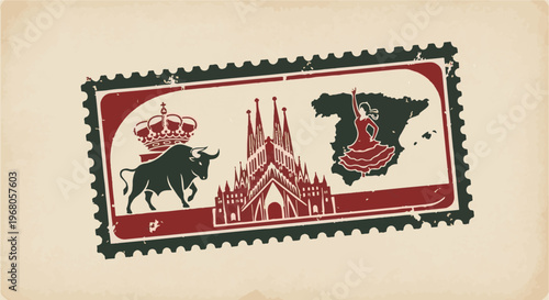 Retro stamp featuring Spanish icons bull, crown, iconic building, and flamenco dancer