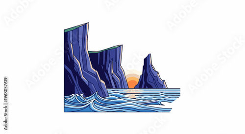 Rugged cliffs and crashing waves meet a fiery sunset