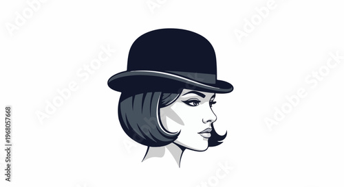 Retro woman in a bowler hat, styled with a monochromatic color palette