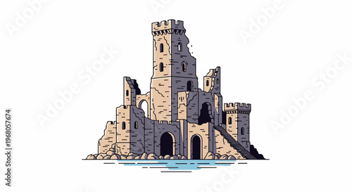Ruined ancient castle structure with towers and arches overlooking water