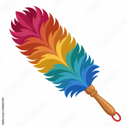 An artistic representation of a rainbow-colored feather duster featuring a vibrant array of feathers in captivating hues, perfect for cleaning or decorative purposes.