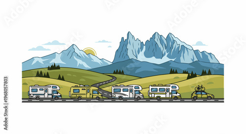 Road trip through a mountain landscape with RVs and a car