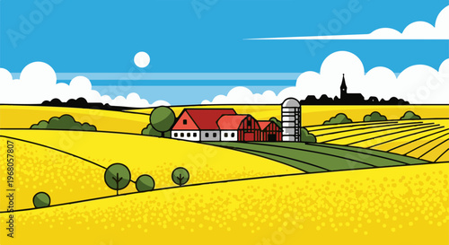 Rural farm with red barns, silo, and yellow fields under blue sky