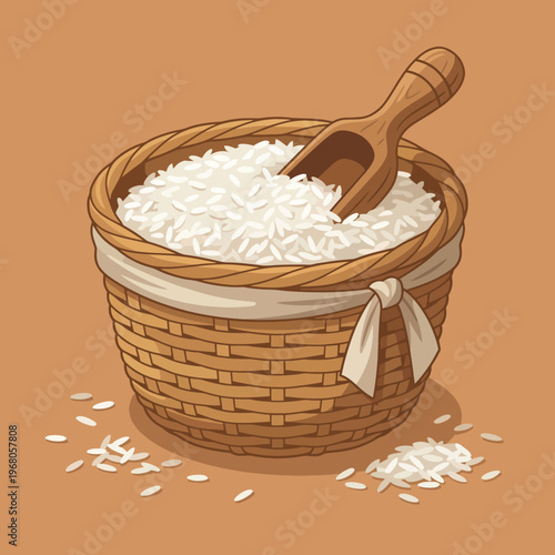 This image presents a rustic wooden basket full of white rice, emphasizing the simplicity and staple nature of rice as a fundamental food source across various cultures worldwide.