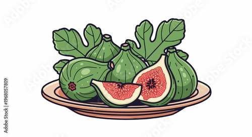 Ripe green figs displayed on a platter with leaves