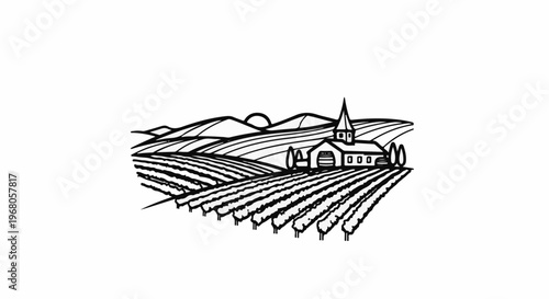 Rural landscape with a church and vineyard under a rolling hills sunset