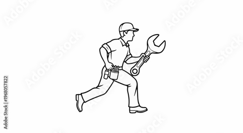 Running worker with a large wrench and tool belt