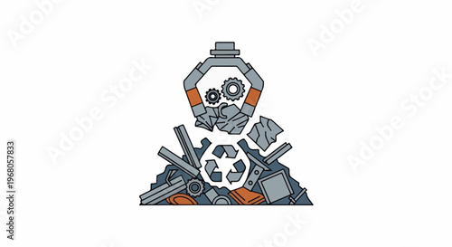 Robotic arm collecting metal scrap over a recycling symbol