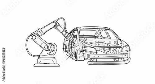 Robotic arm performing welding on a car chassis in a factory setting