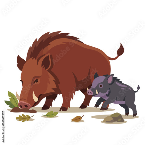 A charming illustration of wild boars, capturing a playful moment of nature's wildlife and the beauty of the outdoors, showcasing character and kinship in their natural habitat.