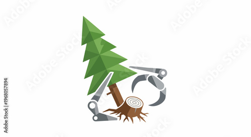 Robotic arms interact with a tree stump and a fir tree