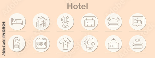 Hotel set icon. Line symbols depict bed sleep, hotel building, location marker, room service bell, sleeping sign, hanger tag, calendar booking, bathrobe, mobile map, hotel signboard