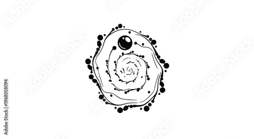Abstract swirling pattern with dots and a central sphere, suggesting organic growth or motion.