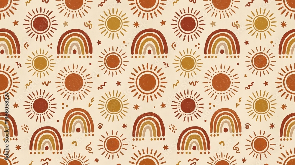 Fototapeta premium Bohemian sun and rainbow pattern with warm earthy tones, perfect for textile design or wallpaper.