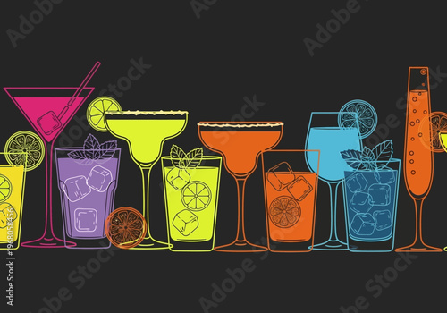 Colorful Neon Cocktail Outlines on Dark Background - Stylized Bar Drinks and Nightlife Illustration