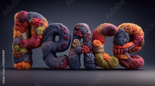 Colorful wool letters spell out peace on a dark background