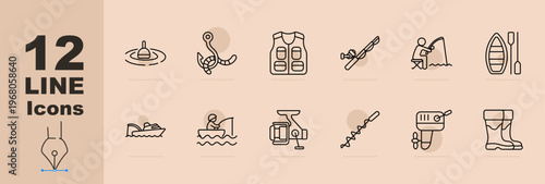 Fishing equipment set icon. Line icons with float bobber, hook lure, life vest, fishing rod, angler on stool, boat with oars, motorboat, fisherman casting, reel machine, auger drill, electric motor