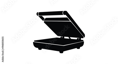 A black silhouette of an open panini press showcasing its hinged design and flat plates