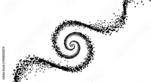 A black spiral shape expands outwards from a central point, formed by numerous small dots.