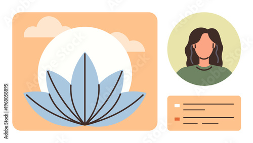 Wellness, mindfulness, self-care, holistic health, personal growth, spiritual healing. a lotus flower with clouds, person avatar and informational layout. Wellness and mindfulness