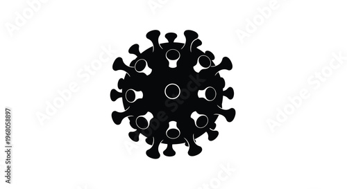 A stark black illustration depicts the coronavirus showcasing its spherical shape and prominent spike proteins