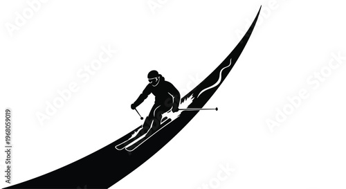 Skier descends a sweeping dark slope with a stylized white accent.