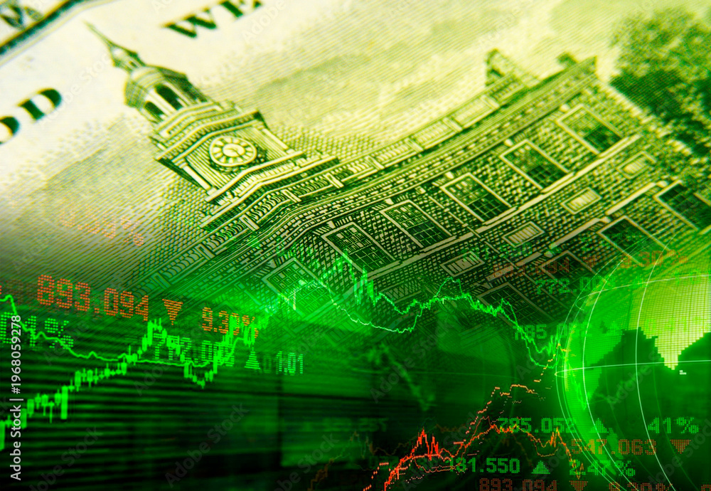 Fototapeta premium Dollar texture with green stock chart. Currency pairs, money, and the American economy.