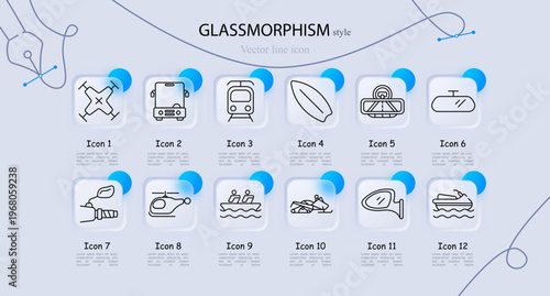 Transport icon. Drone delivery, city bus, metro train, surfboard, car mirror, taxi vehicle, electric scooter, baby stroller, cruise ship, hot air balloon, airplane, motorcycle. Urban mobility travel