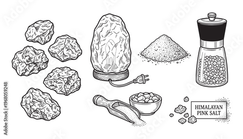 Himalayan pink salt collection vector illustration with lamp, grinder and pile