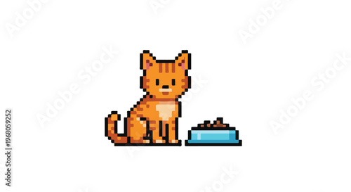 An adorable orange tabby cat is depicted in a charming pixel art style, sitting patiently beside a light blue bowl filled with food pellets.
