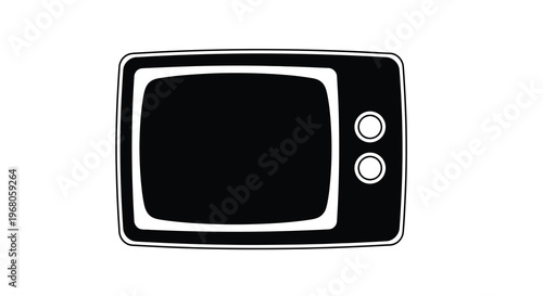 A simple black and white illustration depicts a retro television set with two control knobs