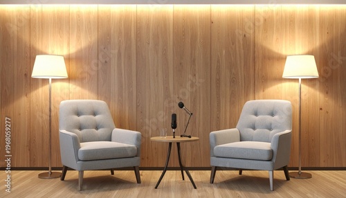 Minimalist podcast interview setup with chairs, table, microphone