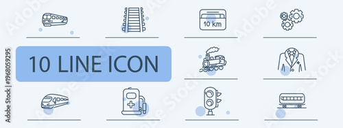 Railway set icon. Train front, tracks, distance sign, gears, steam locomotive, uniform jacket, high speed train, fuel pump, signal light, carriage. Transport system operation visuals.