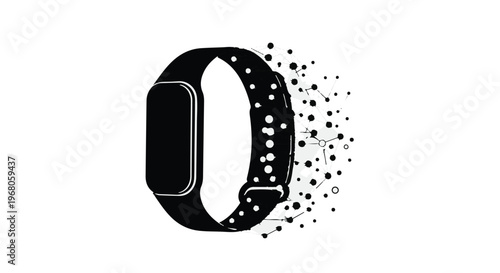 Smartwatch illustration with a disintegrating band, dissolving into a cloud of particles, representing data flow, digital transformation, or technological evolution.