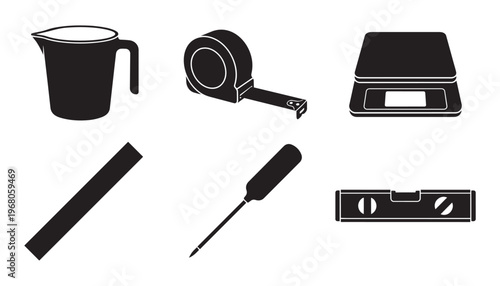 Measurement tools vector illustration jug tape measure scale file and level