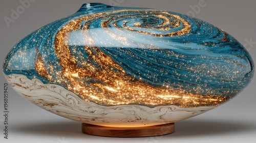 Handcrafted glass art piece with swirling colors and lights